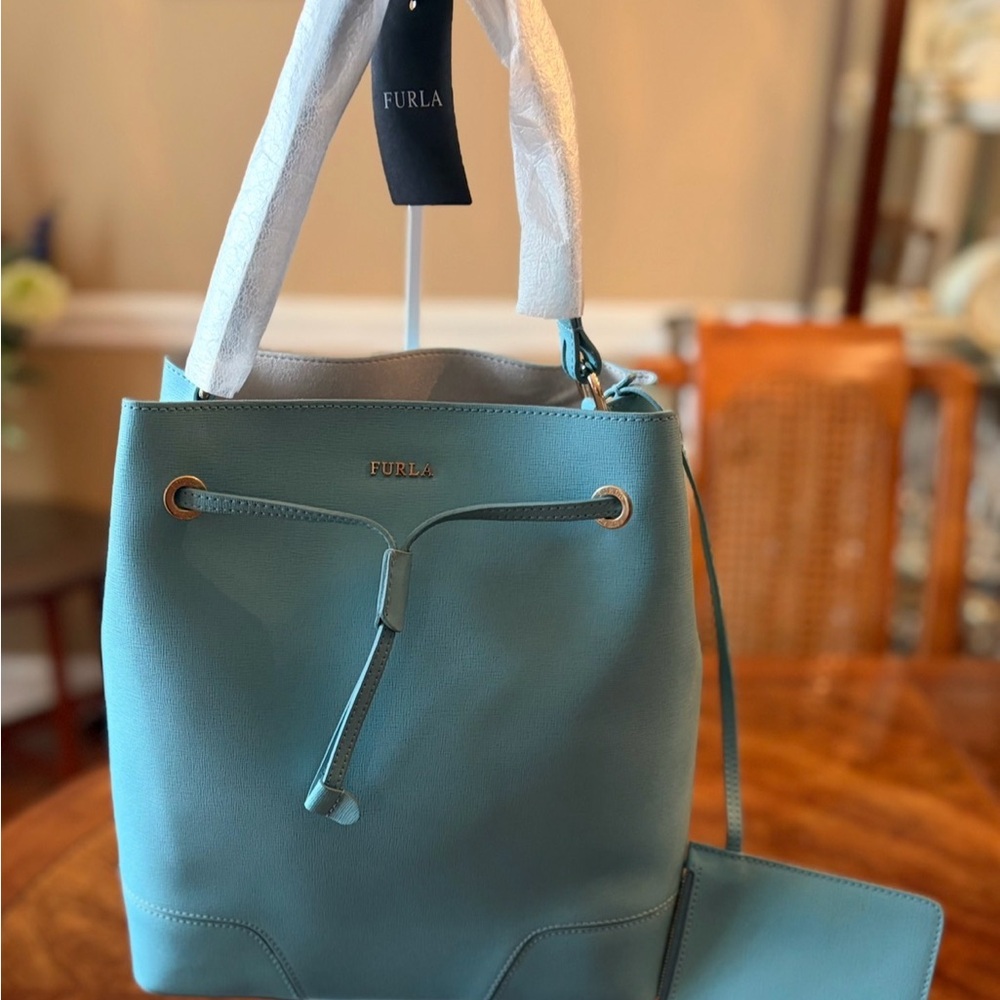 Furla Aquamarine Stacy Leather Drawstring Bucket Bag with Pouch - Picture 12 of 13